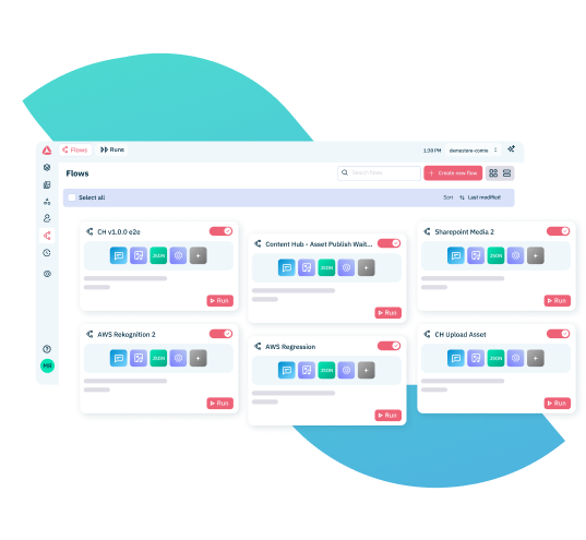Screenshot of a flows dashboard showing multiple cards with “Run” buttons and status toggles.